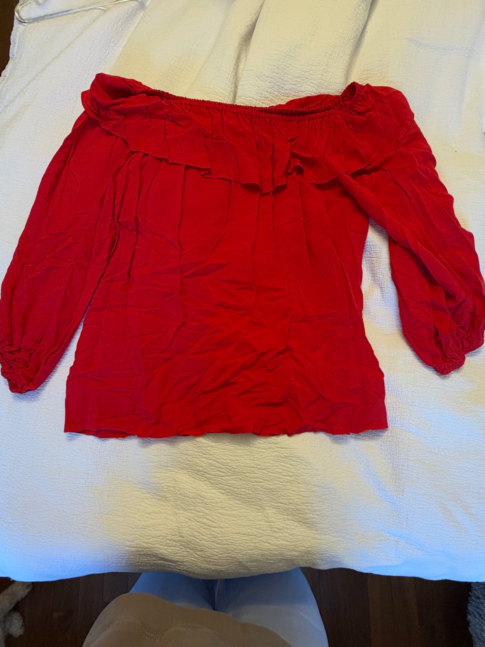 Velvet Red Off-Shoulder Ruffle Blouse